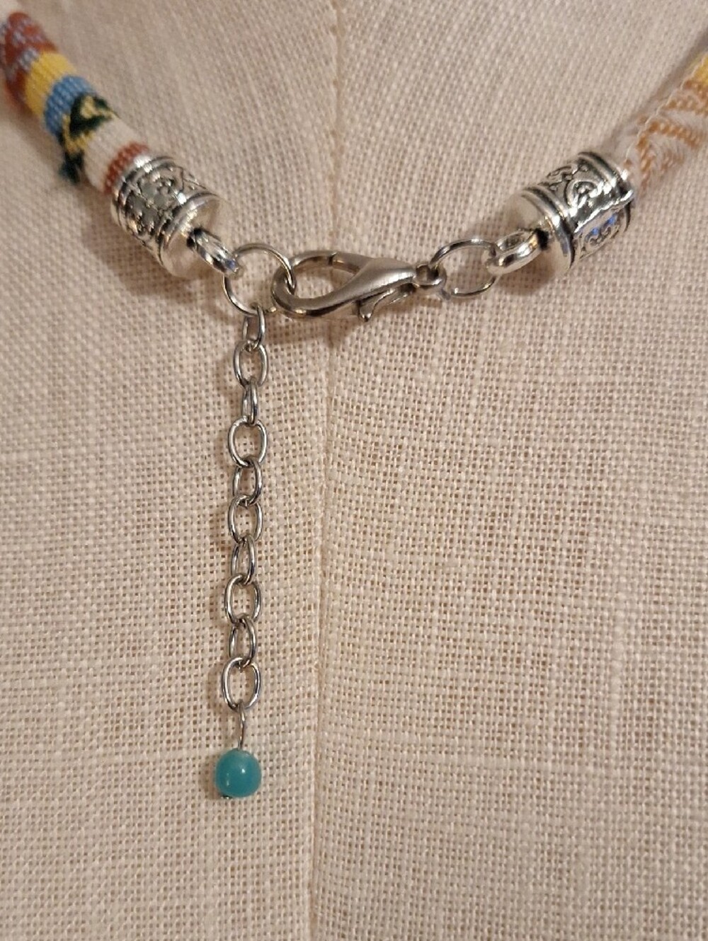 Boho Turquoise Pendant Bead Necklace On Multicolor Fabric Cord - Picture 5 of 7